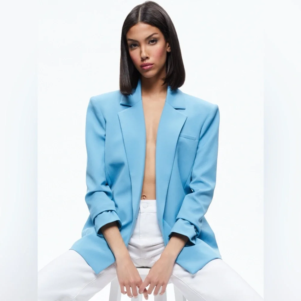 NWT $550 Alice Olivia Shan Strong-shoulder Ruched-sleeve Blazer In Oxford Blue
